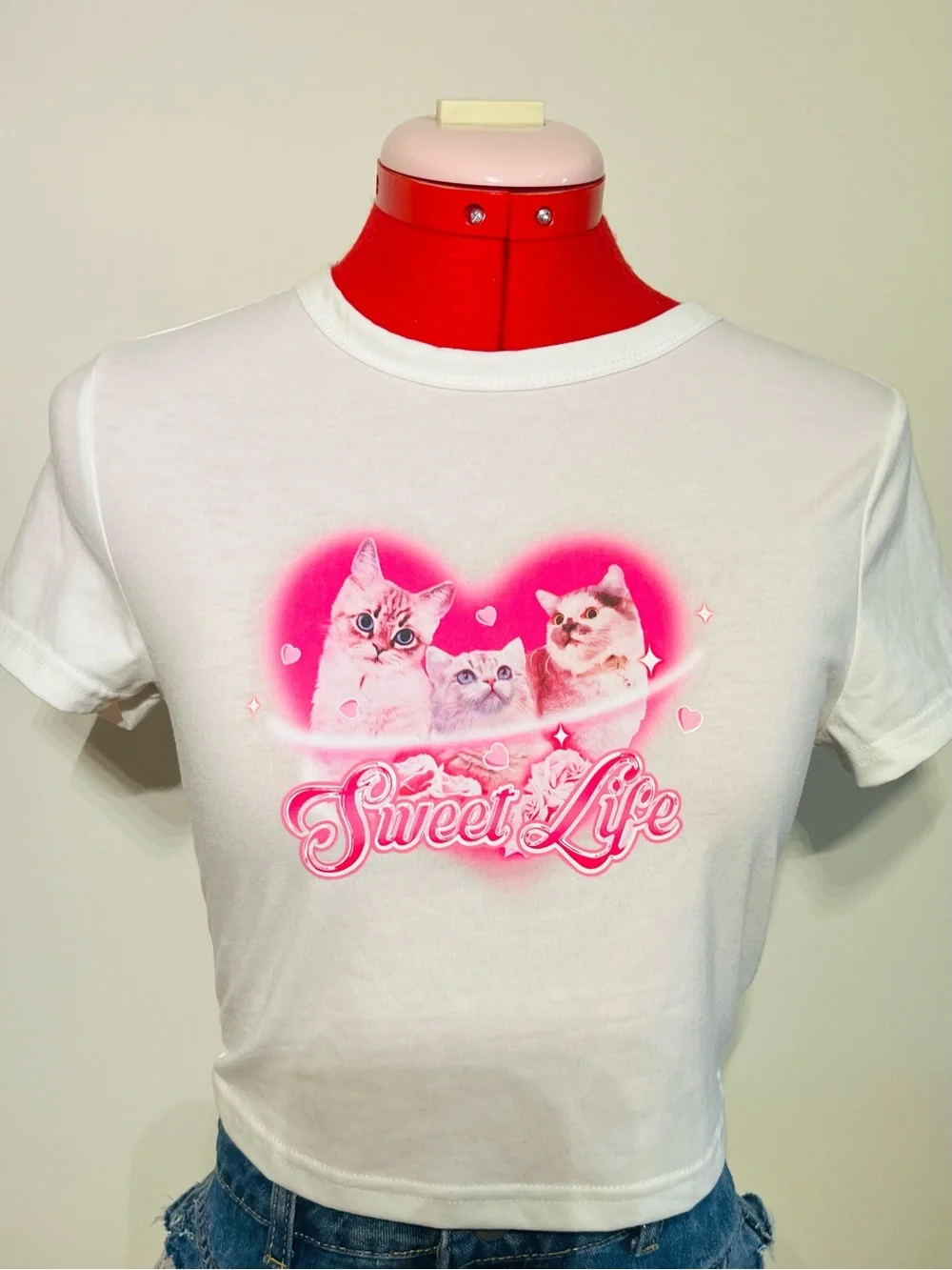Two Cute Pink Cat Heart Graphic Pet Lover Tees M